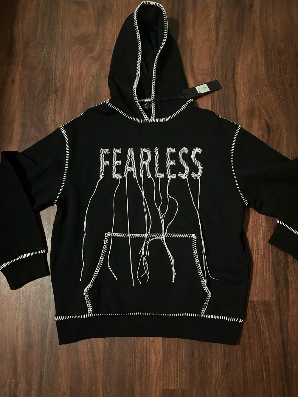 Fashion Nova Black Crewneck Hoodie with White Stitch & 'FEARLESS' Graphic